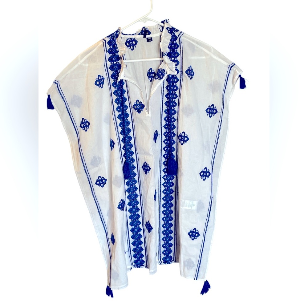 J. Crew Embroidered tassel tunic Royal Blue/White XXS
